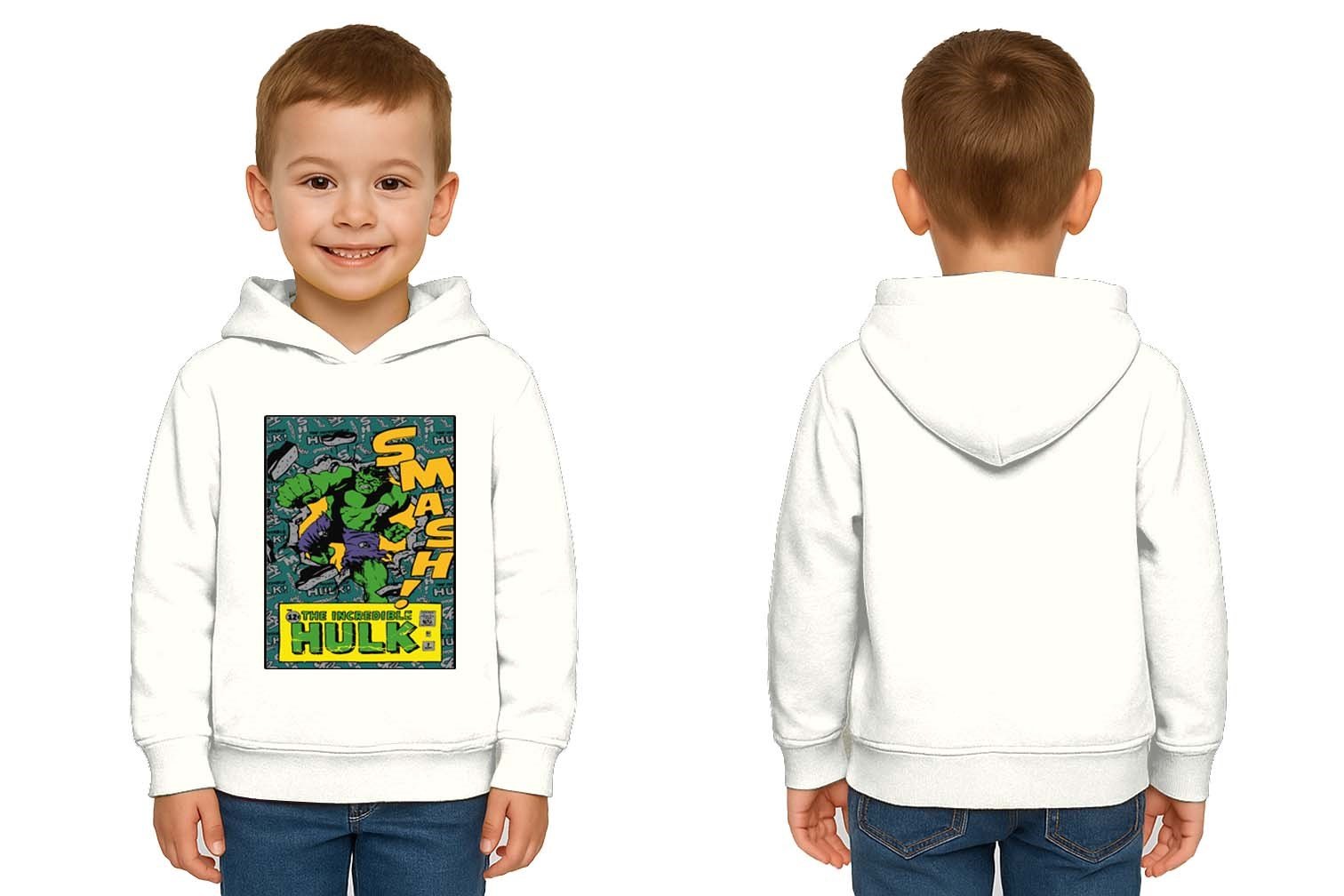 Hulk baskılı kapüşonlu pamuklu kumaş çocuk sweatshirt