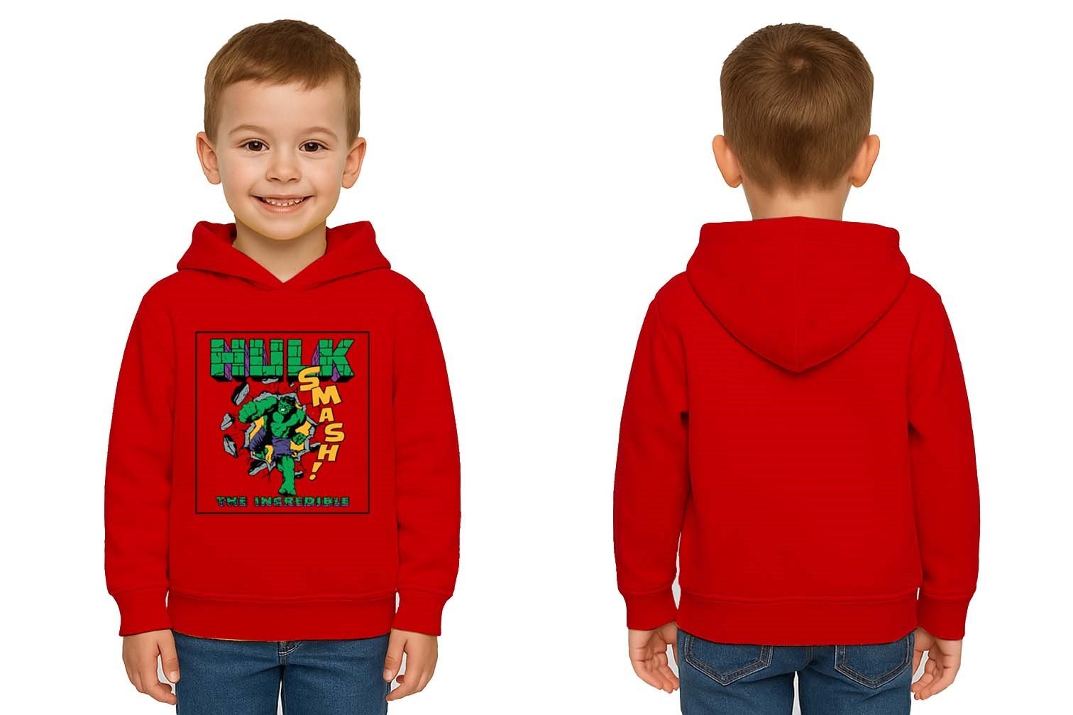 Hulk baskılı kapüşonlu pamuklu kumaş çocuk sweatshirt