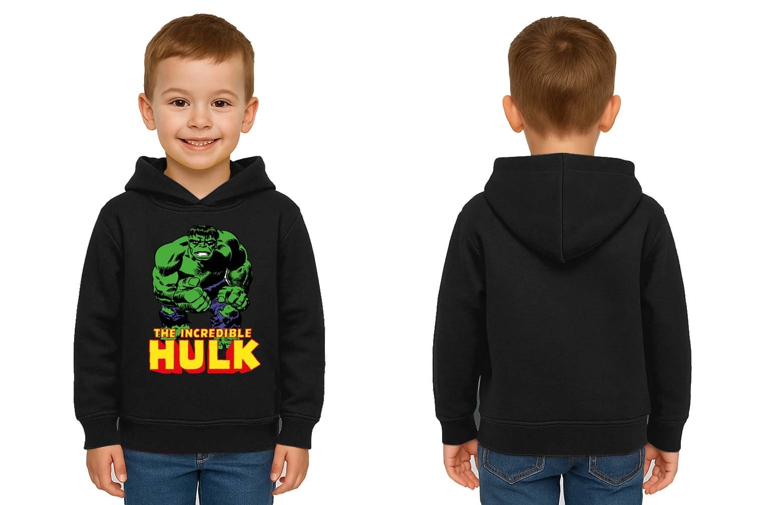 Hulk baskılı kapüşonlu pamuklu kumaş çocuk sweatshirt