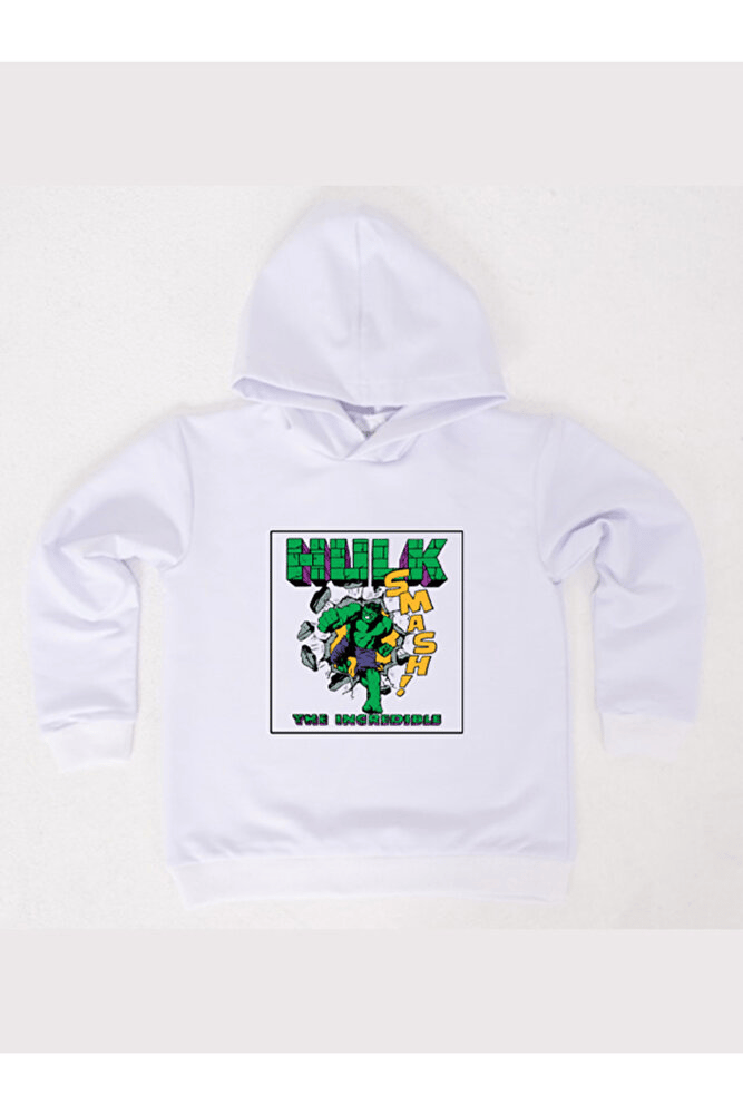 Hulk baskılı kapüşonlu pamuklu kumaş çocuk sweatshirt