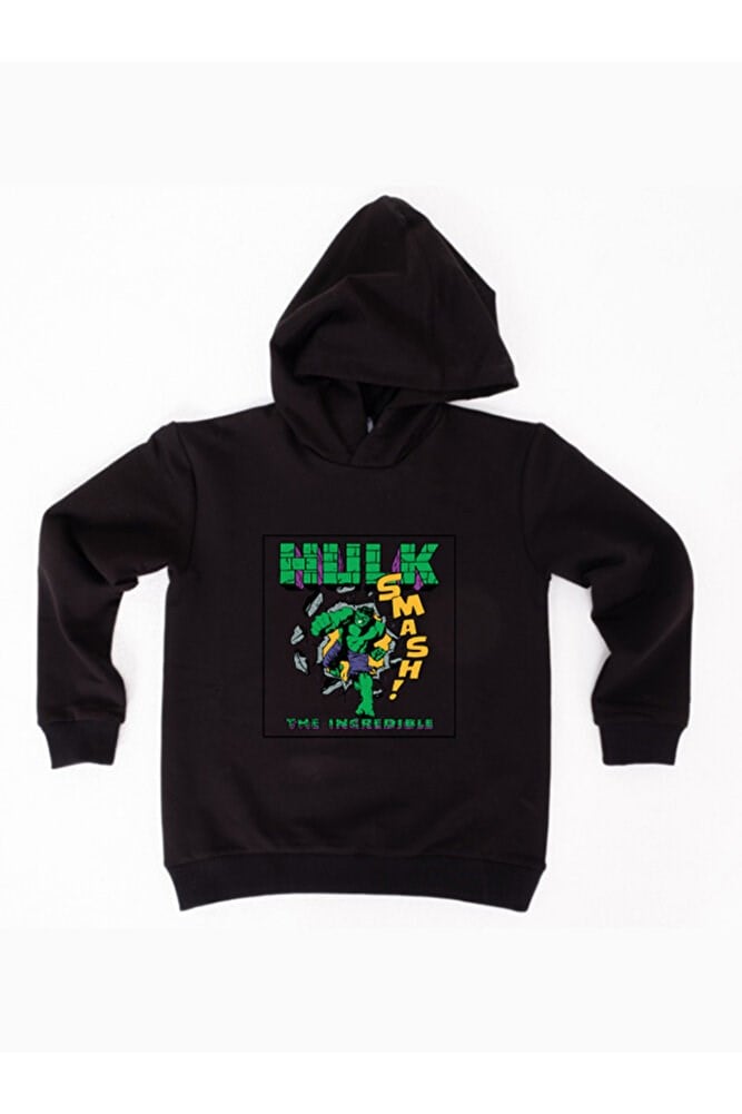 Hulk baskılı kapüşonlu pamuklu kumaş çocuk sweatshirt