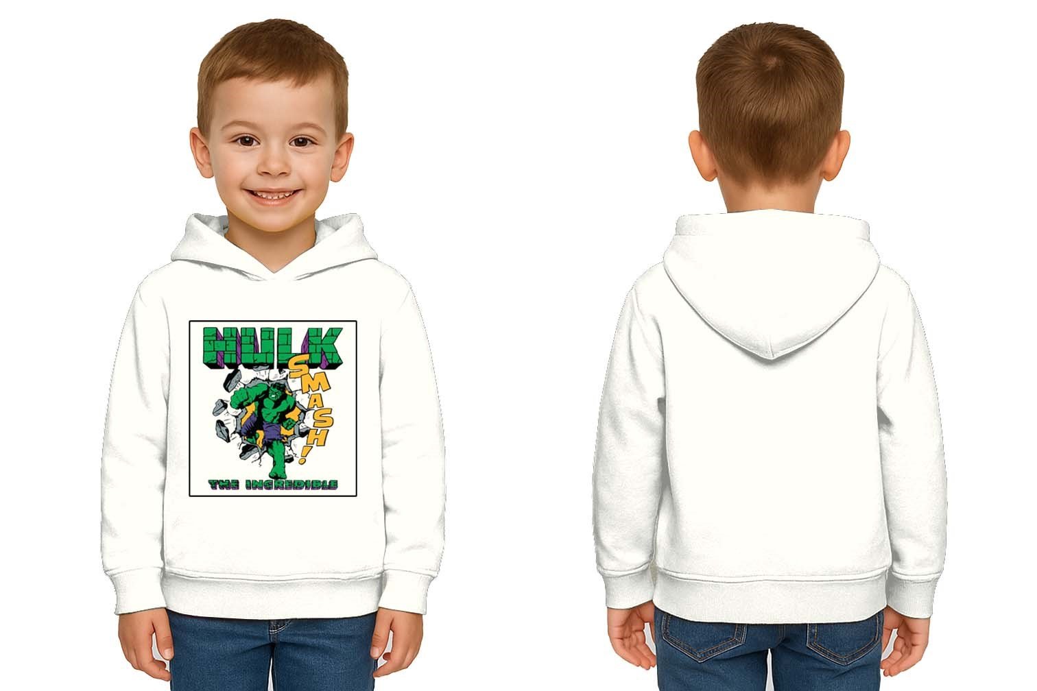 Hulk baskılı kapüşonlu pamuklu kumaş çocuk sweatshirt