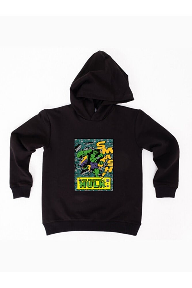 Hulk baskılı kapüşonlu pamuklu kumaş çocuk sweatshirt