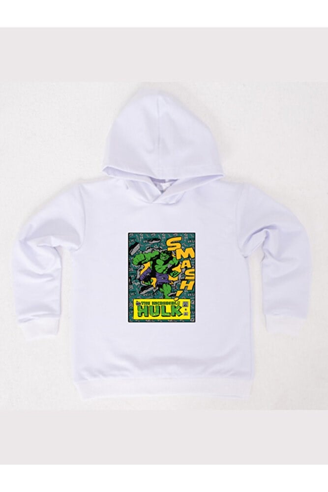 Hulk baskılı kapüşonlu pamuklu kumaş çocuk sweatshirt