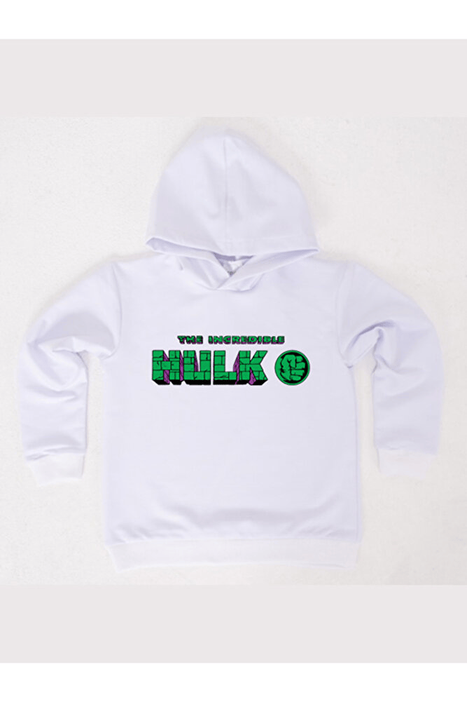 Hulk Baskılı Kapüşonlu Pamuklu Kumaş Çocuk Sweatshirt