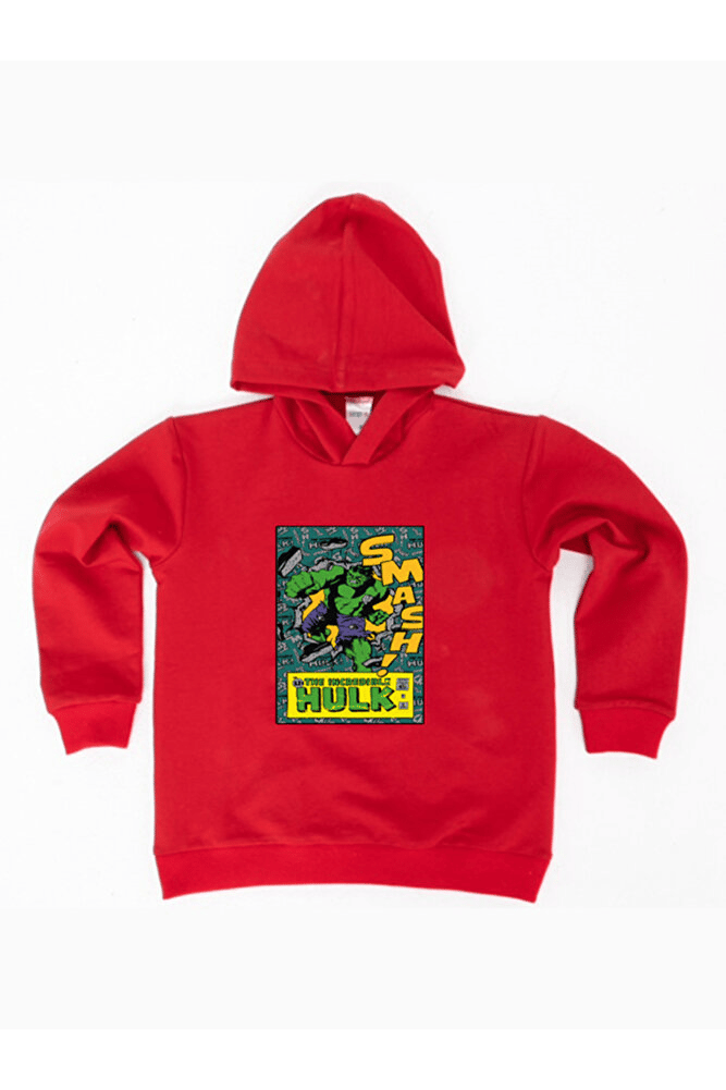 Hulk baskılı kapüşonlu pamuklu kumaş çocuk sweatshirt