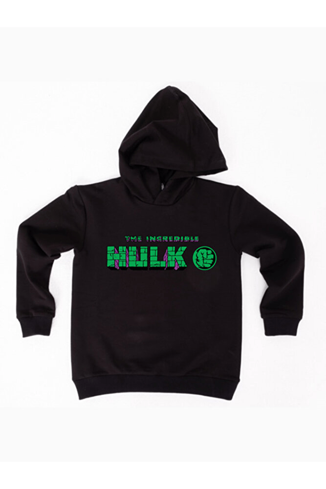 Hulk Baskılı Kapüşonlu Pamuklu Kumaş Çocuk Sweatshirt