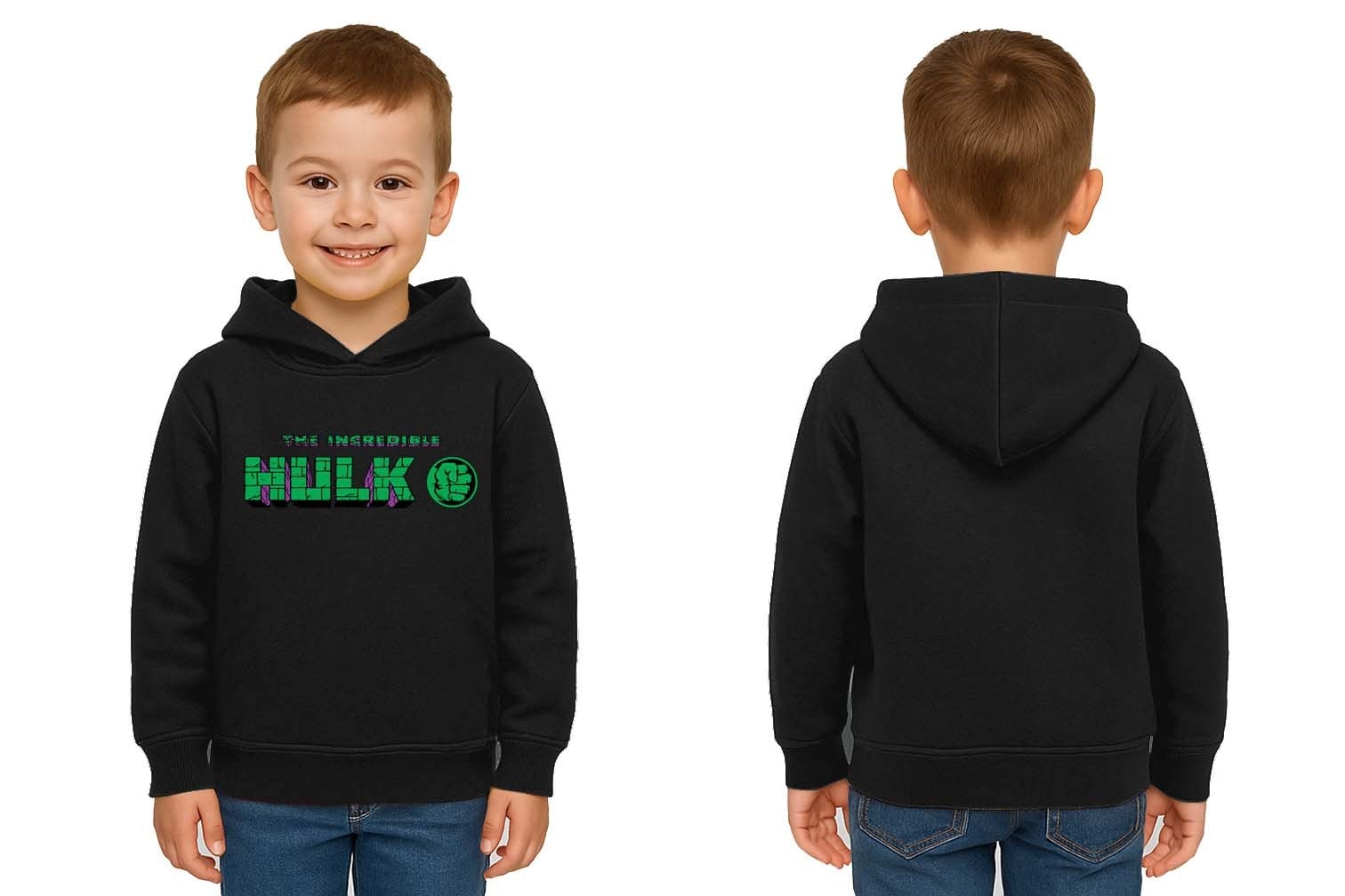 Hulk Baskılı Kapüşonlu Pamuklu Kumaş Çocuk Sweatshirt