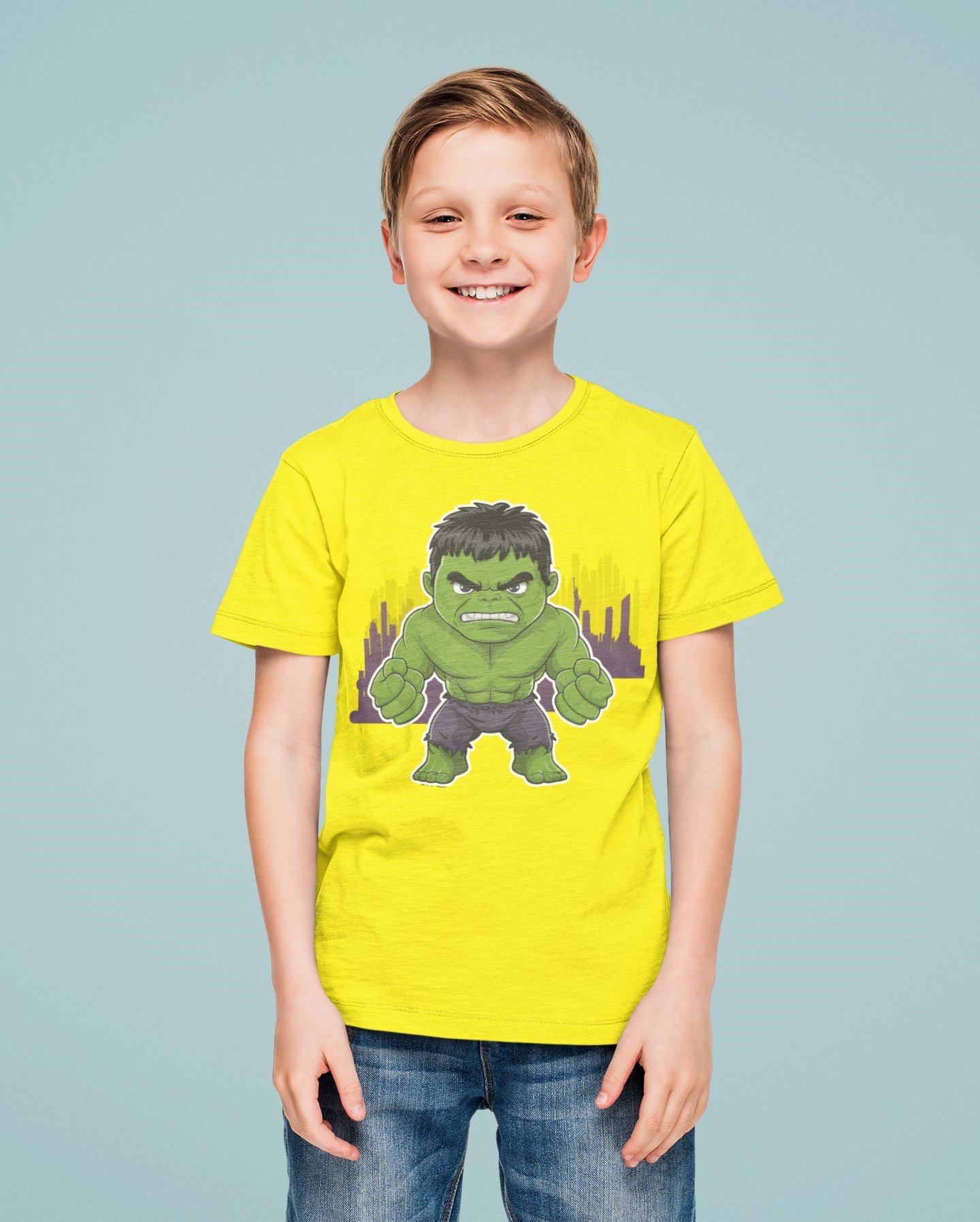 Hulk baskılı pamuklu penye kumaş yazlık çocuk tişört