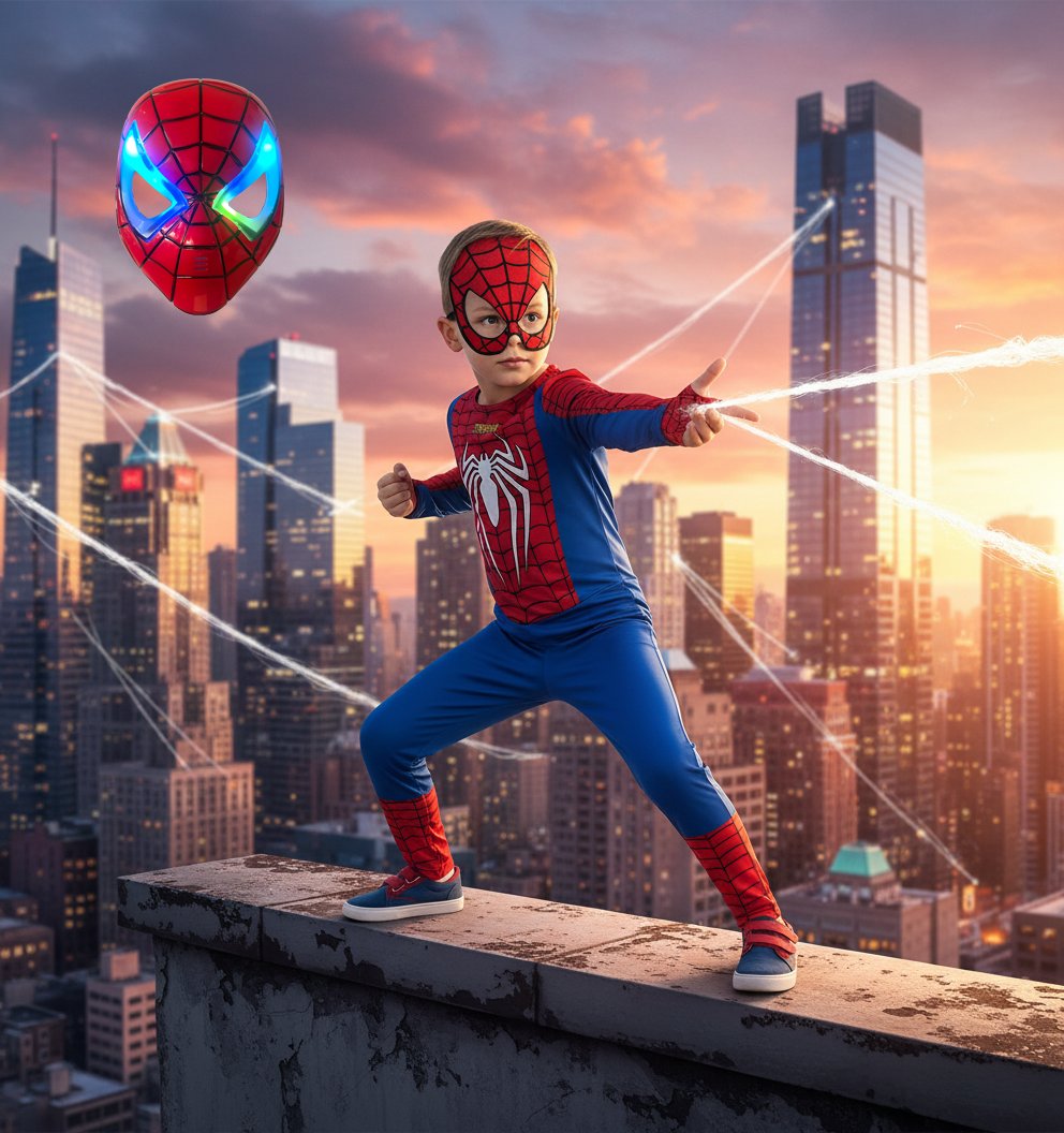 Işıklı Maskeli Beyaz Baskılı Spiderman Kostümü Yeni Örümcek Adam Kostüm