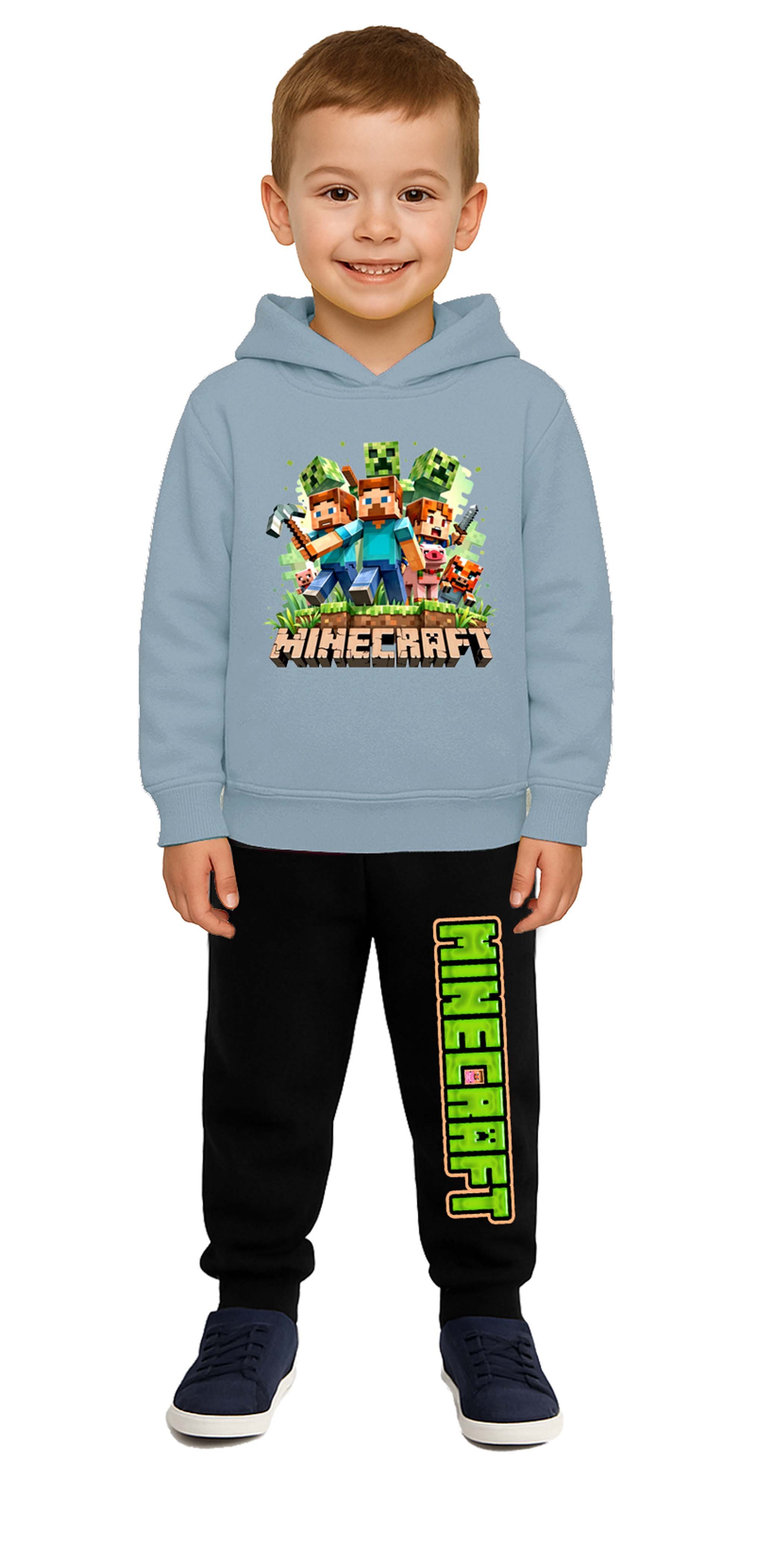 Mınecraft Baskılı Çocuk Eşofman Takımı 3 İplik Şardonlu Pamuklu Kumaş Kapüşonlu