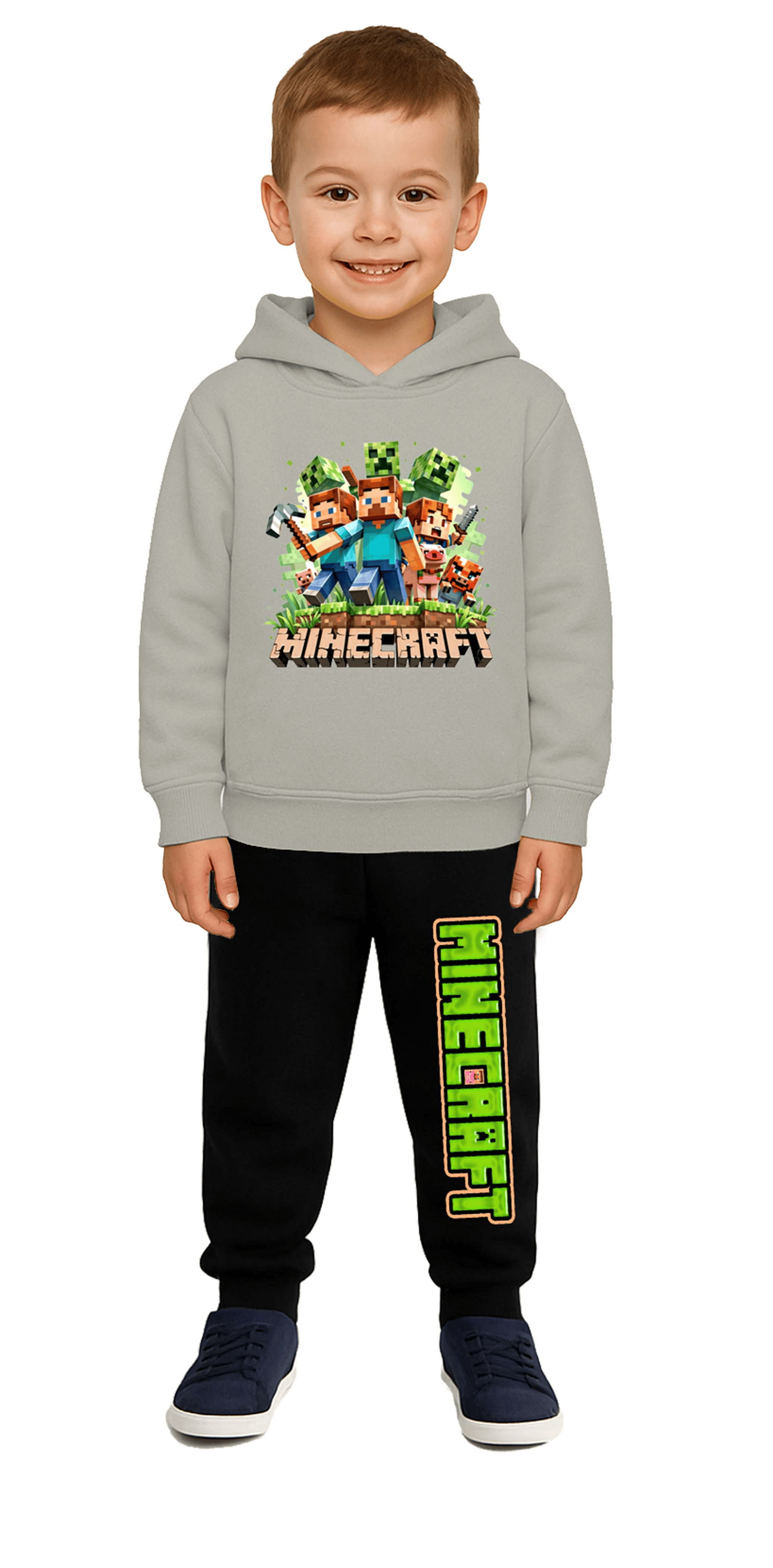 Mınecraft Baskılı Çocuk Eşofman Takımı 3 İplik Şardonlu Pamuklu Kumaş Kapüşonlu