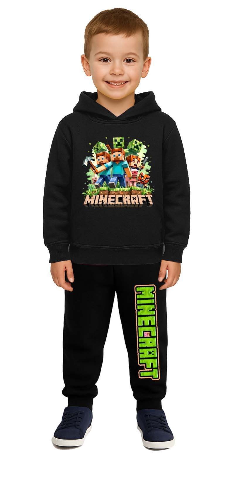 Mınecraft Baskılı Çocuk Eşofman Takımı 3 İplik Şardonlu Pamuklu Kumaş Kapüşonlu