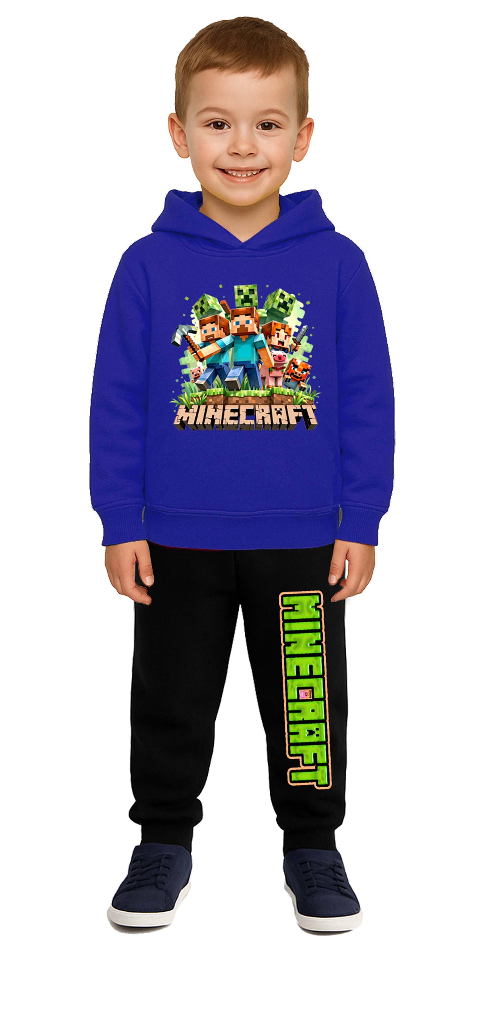Mınecraft Baskılı Çocuk Eşofman Takımı 3 İplik Şardonlu Pamuklu Kumaş Kapüşonlu