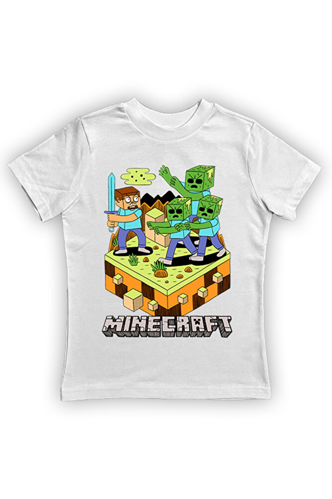 Minecraft baskılı pamuklu penye kumaş yazlık çocuk tişört