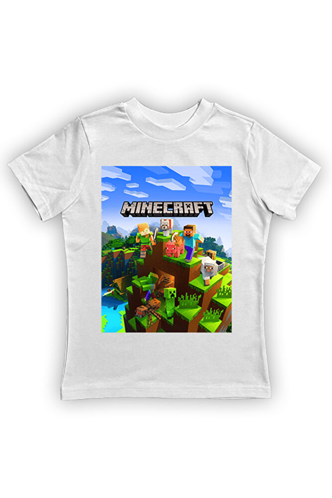Minecraft baskılı pamuklu penye kumaş yazlık çocuk tişört