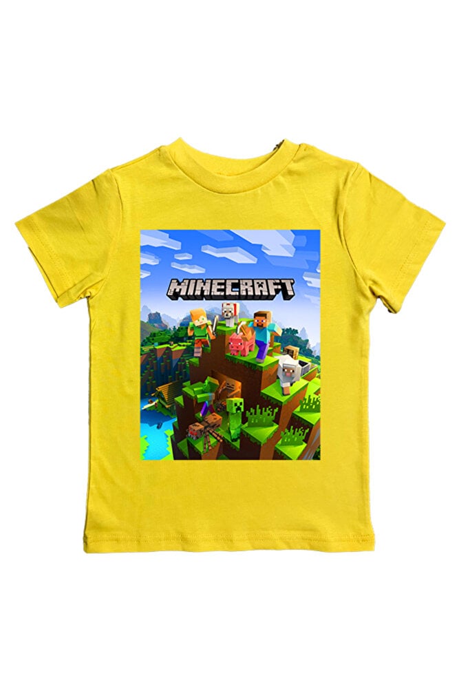 Minecraft baskılı pamuklu penye kumaş yazlık çocuk tişört