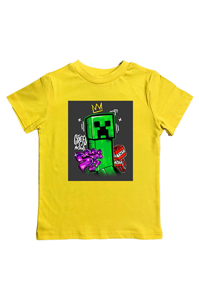 Minecraft baskılı pamuklu penye kumaş yazlık çocuk tişört