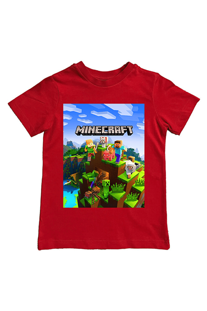 Minecraft baskılı pamuklu penye kumaş yazlık çocuk tişört