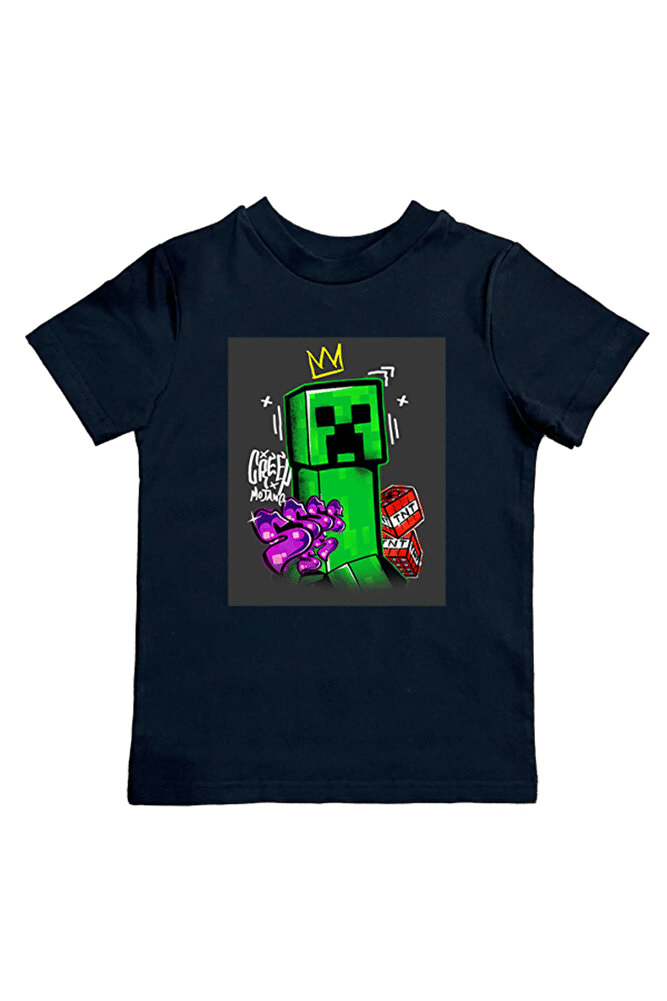Minecraft baskılı pamuklu penye kumaş yazlık çocuk tişört