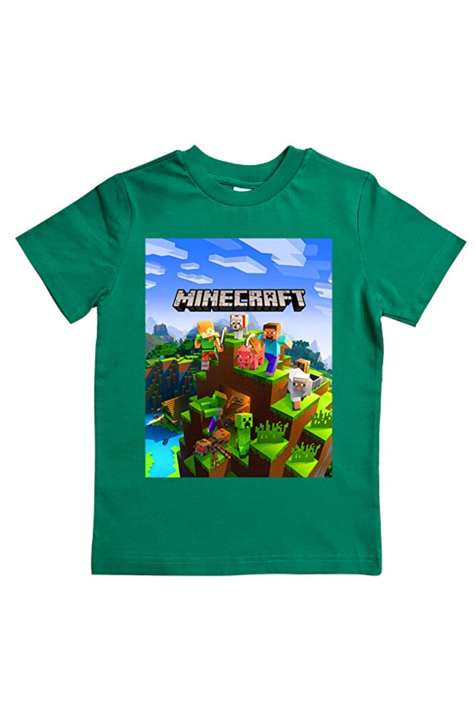 Minecraft baskılı pamuklu penye kumaş yazlık çocuk tişört