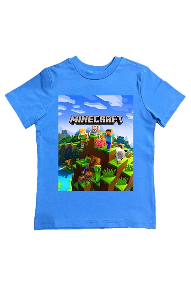 Minecraft baskılı pamuklu penye kumaş yazlık çocuk tişört
