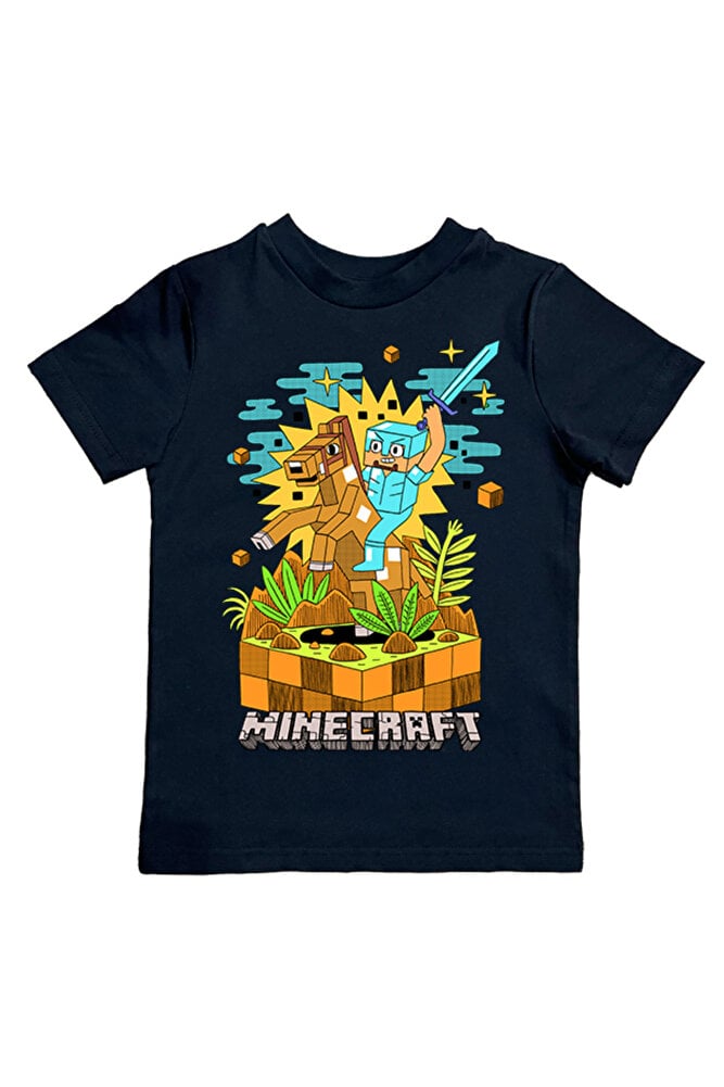 Minecraft baskılı pamuklu penye kumaş yazlık çocuk tişört
