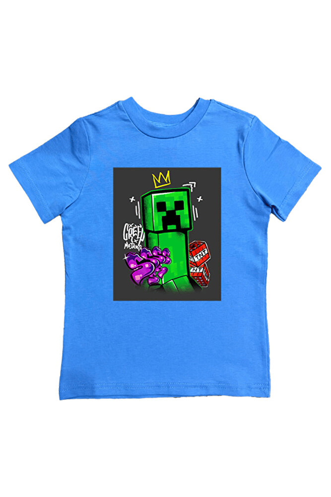 Minecraft baskılı pamuklu penye kumaş yazlık çocuk tişört