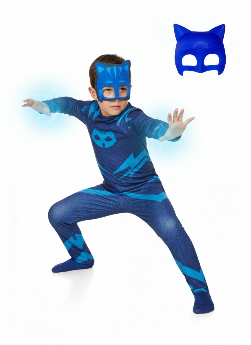 Pija Maskeliler Kostüm Catboy Kedi Çocuk (MAVİ) 2 Maskeli Pelerinli Kostüm