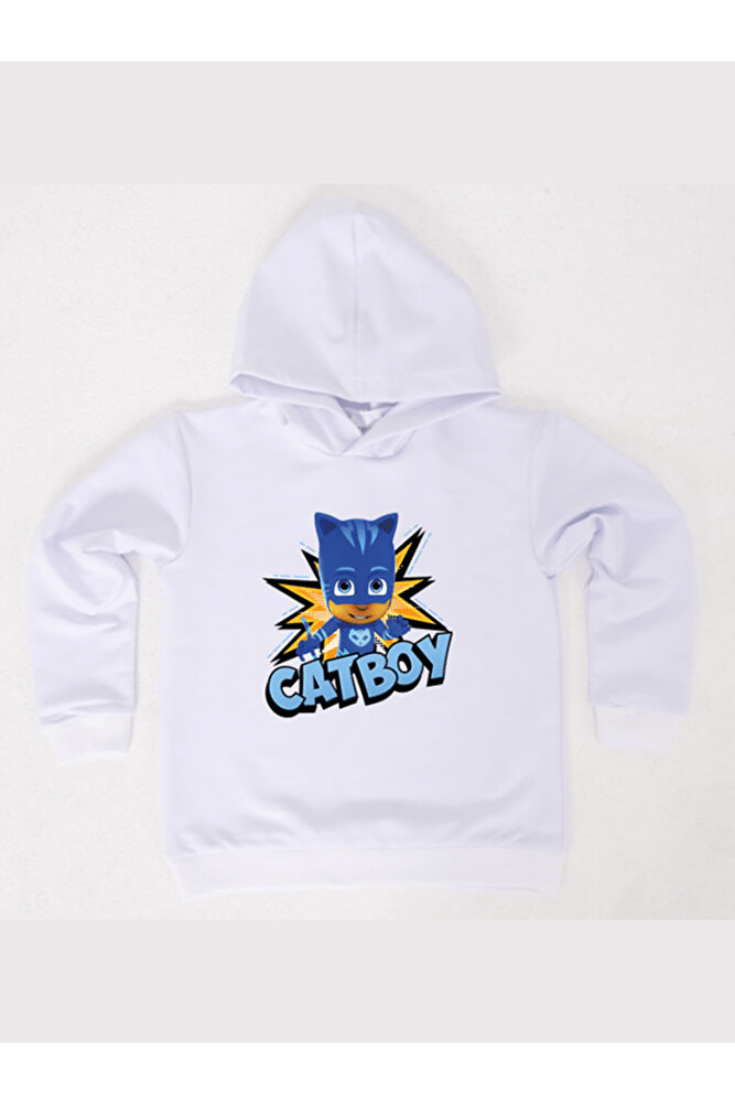 Pj maskeliler Catboy baskılı kapüşonlu pamuklu kumaş çocuk sweatshirt
