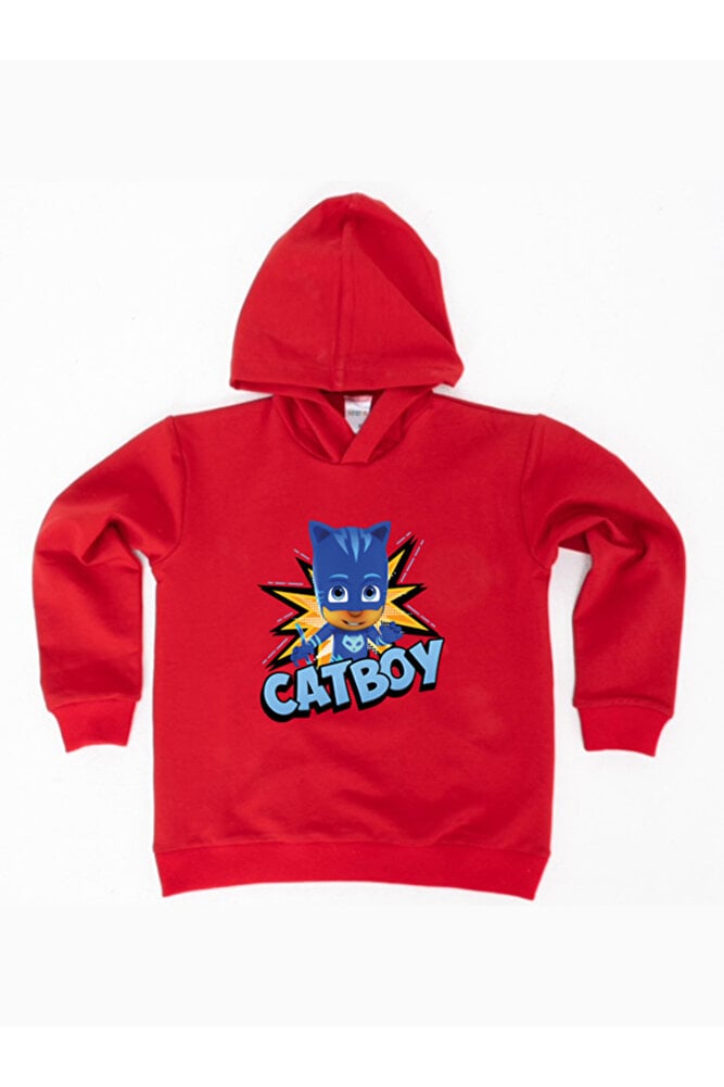 Pj maskeliler Catboy baskılı kapüşonlu pamuklu kumaş çocuk sweatshirt