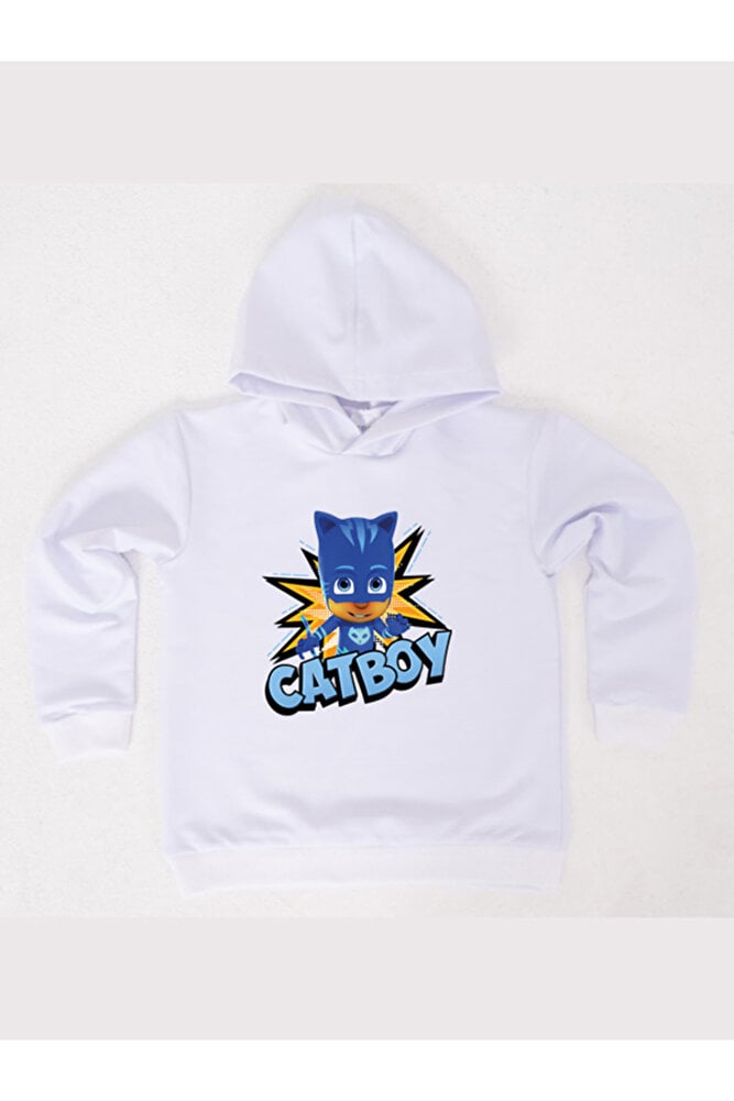Pj maskeliler Catboy baskılı kapüşonlu pamuklu kumaş çocuk sweatshirt