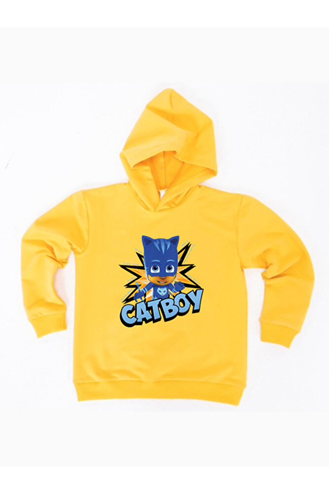 Pj maskeliler Catboy baskılı kapüşonlu pamuklu kumaş çocuk sweatshirt