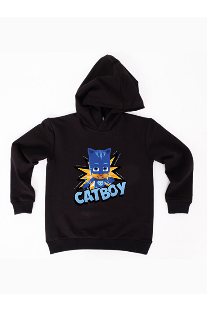 Pj maskeliler Catboy baskılı kapüşonlu pamuklu kumaş çocuk sweatshirt