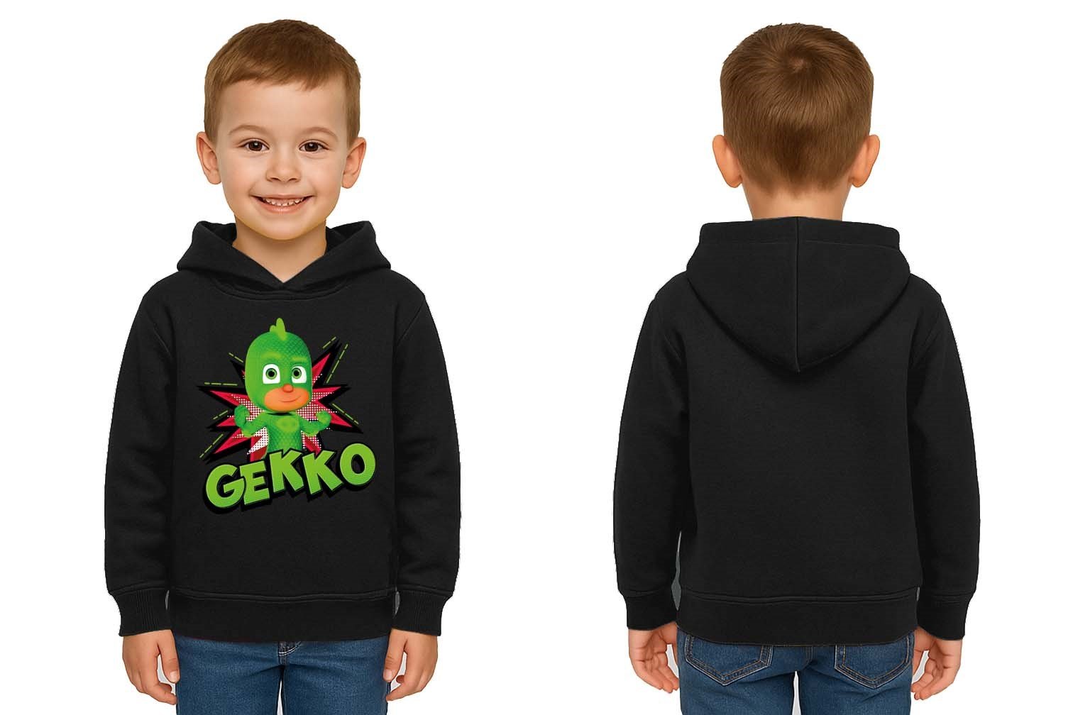 Pj maskeliler Gekko baskılı kapüşonlu pamuklu kumaş çocuk sweatshirt