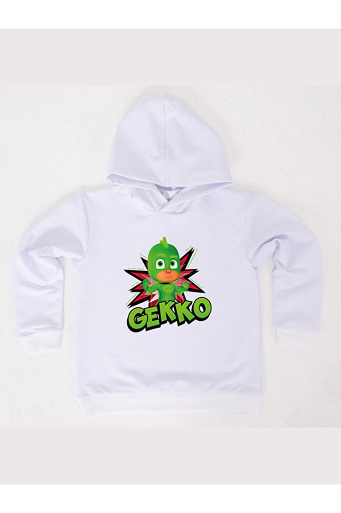 Pj maskeliler Gekko baskılı kapüşonlu pamuklu kumaş çocuk sweatshirt