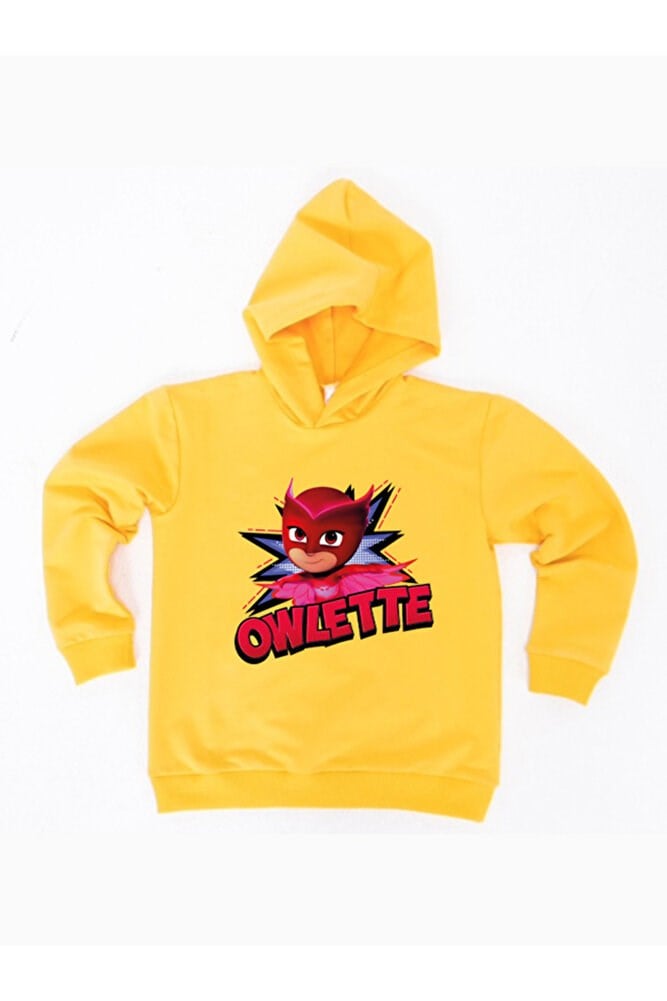 Pj maskeliler Owlette baskılı kapüşonlu pamuklu kumaş çocuk sweatshirt