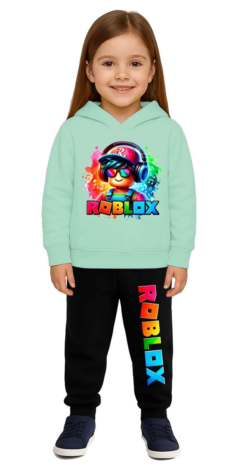 Roblox Baskılı Çocuk Eşofman Takımı 3 İplik Şardonlu Pamuklu Kumaş Kapüşonlu