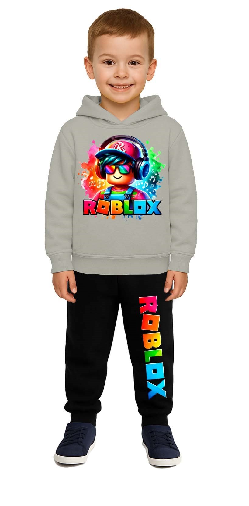 Roblox Baskılı Çocuk Eşofman Takımı 3 İplik Şardonlu Pamuklu Kumaş Kapüşonlu