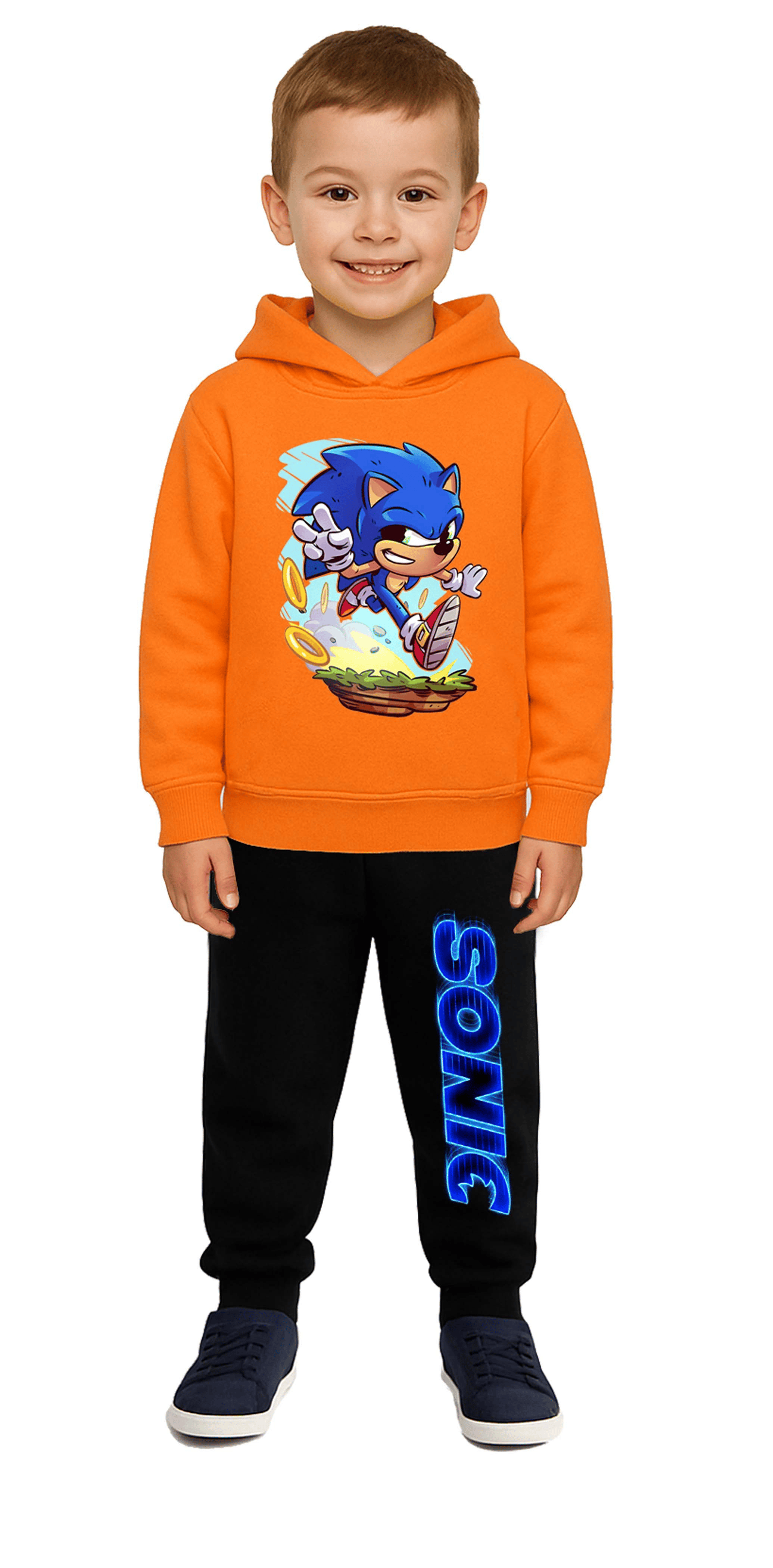Sonic Baskılı Çocuk Eşofman Takımı 3 İplik Şardonlu Pamuklu Kumaş Kapüşonlu