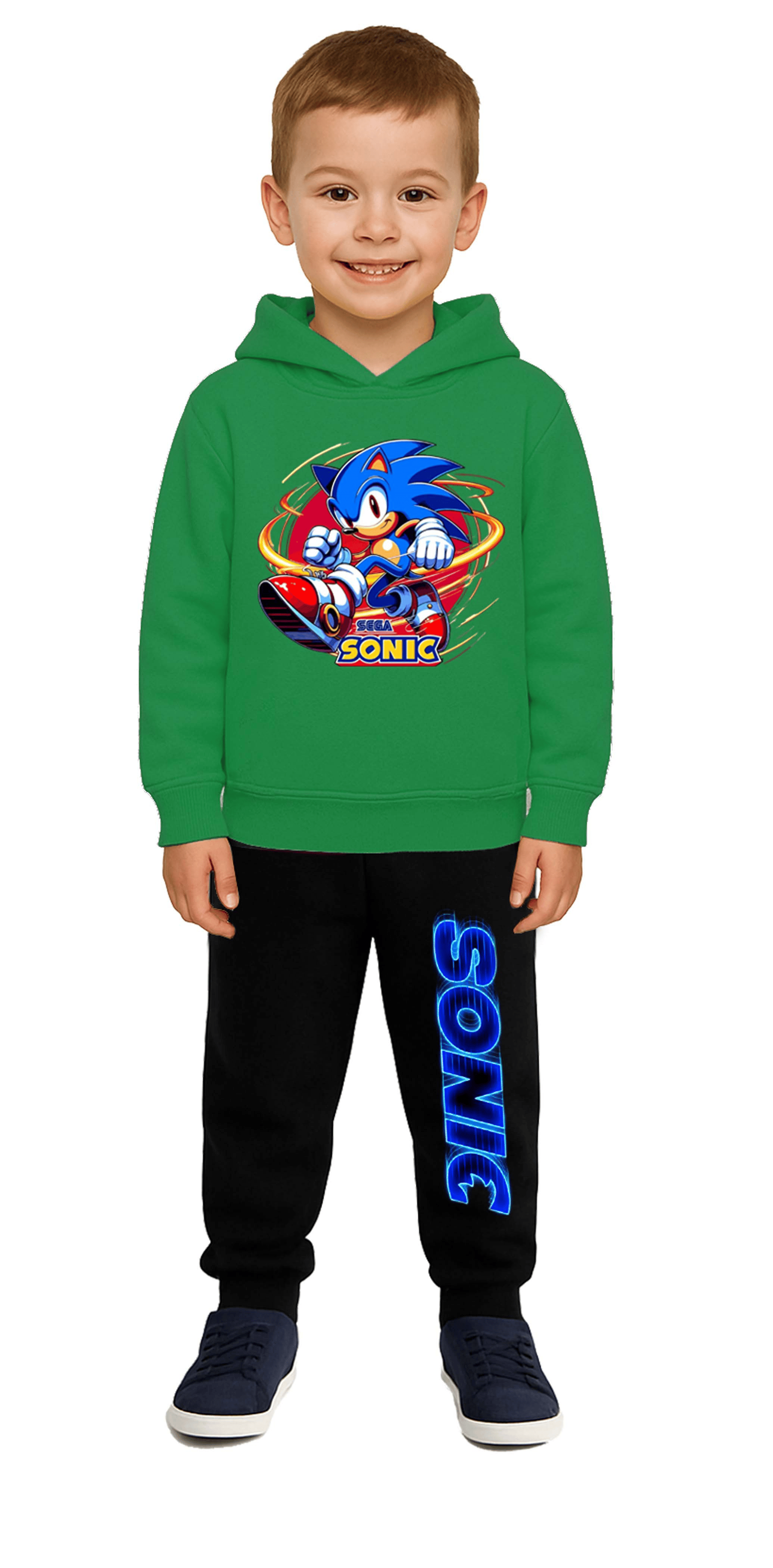 Sonic Baskılı Çocuk Eşofman Takımı 3 İplik Şardonlu Pamuklu Kumaş Kapüşonlu