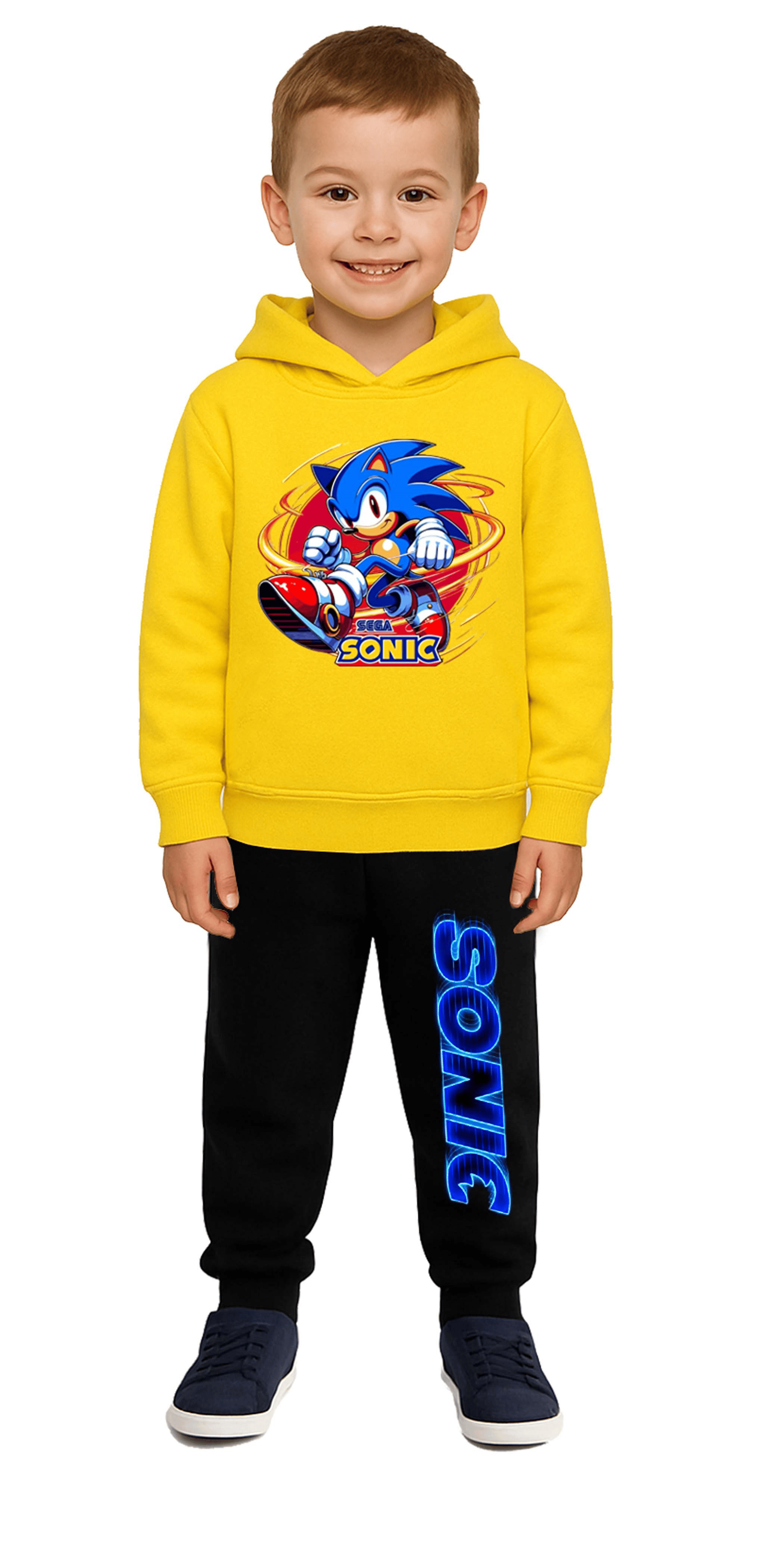 Sonic Baskılı Çocuk Eşofman Takımı 3 İplik Şardonlu Pamuklu Kumaş Kapüşonlu