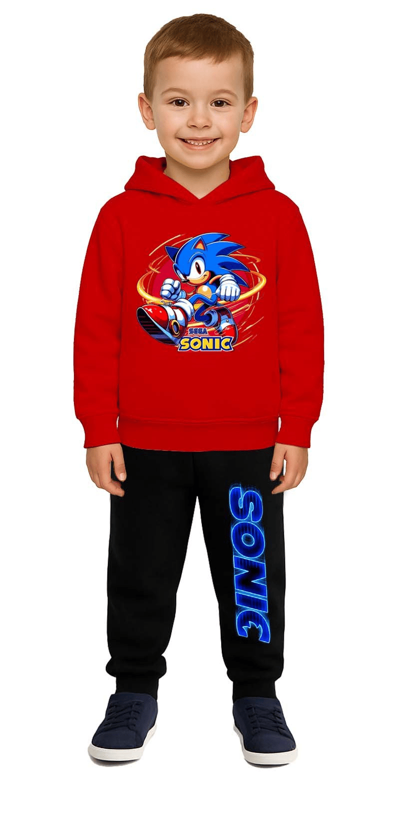 Sonic Baskılı Çocuk Eşofman Takımı 3 İplik Şardonlu Pamuklu Kumaş Kapüşonlu