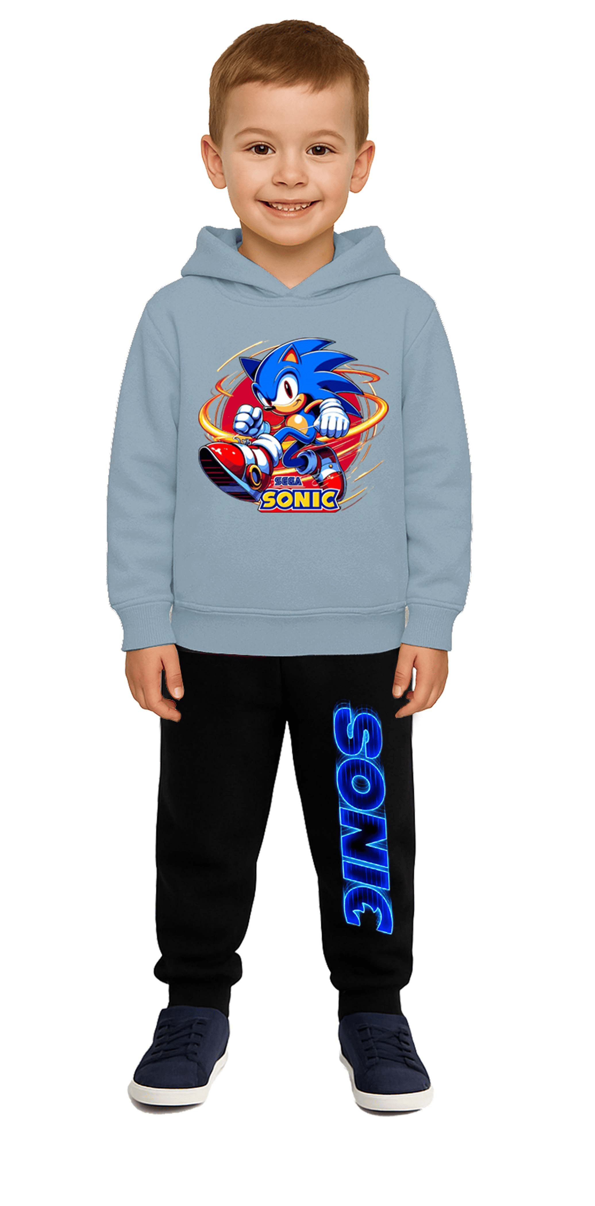 Sonic Baskılı Çocuk Eşofman Takımı 3 İplik Şardonlu Pamuklu Kumaş Kapüşonlu