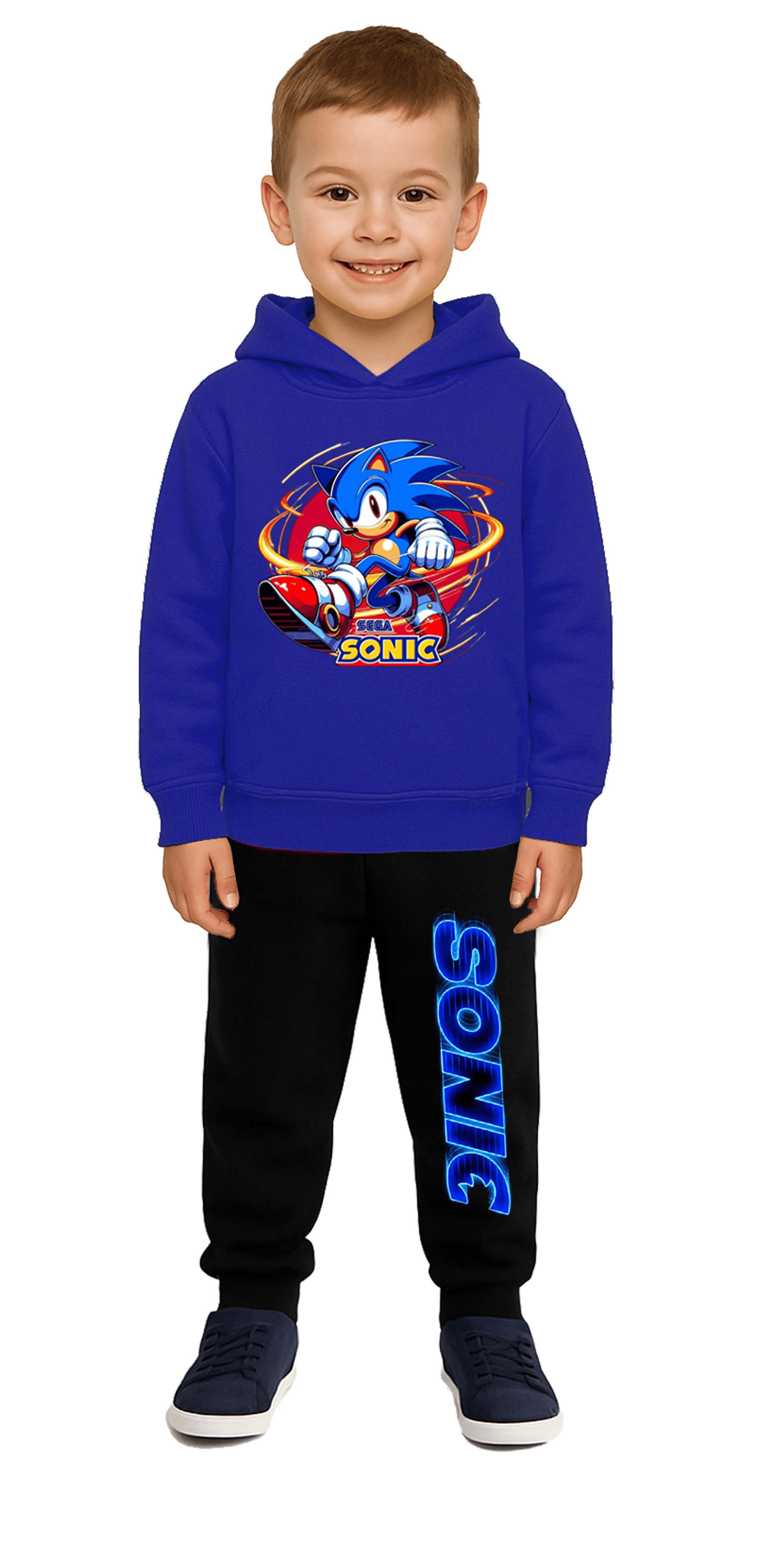 Sonic Baskılı Çocuk Eşofman Takımı 3 İplik Şardonlu Pamuklu Kumaş Kapüşonlu