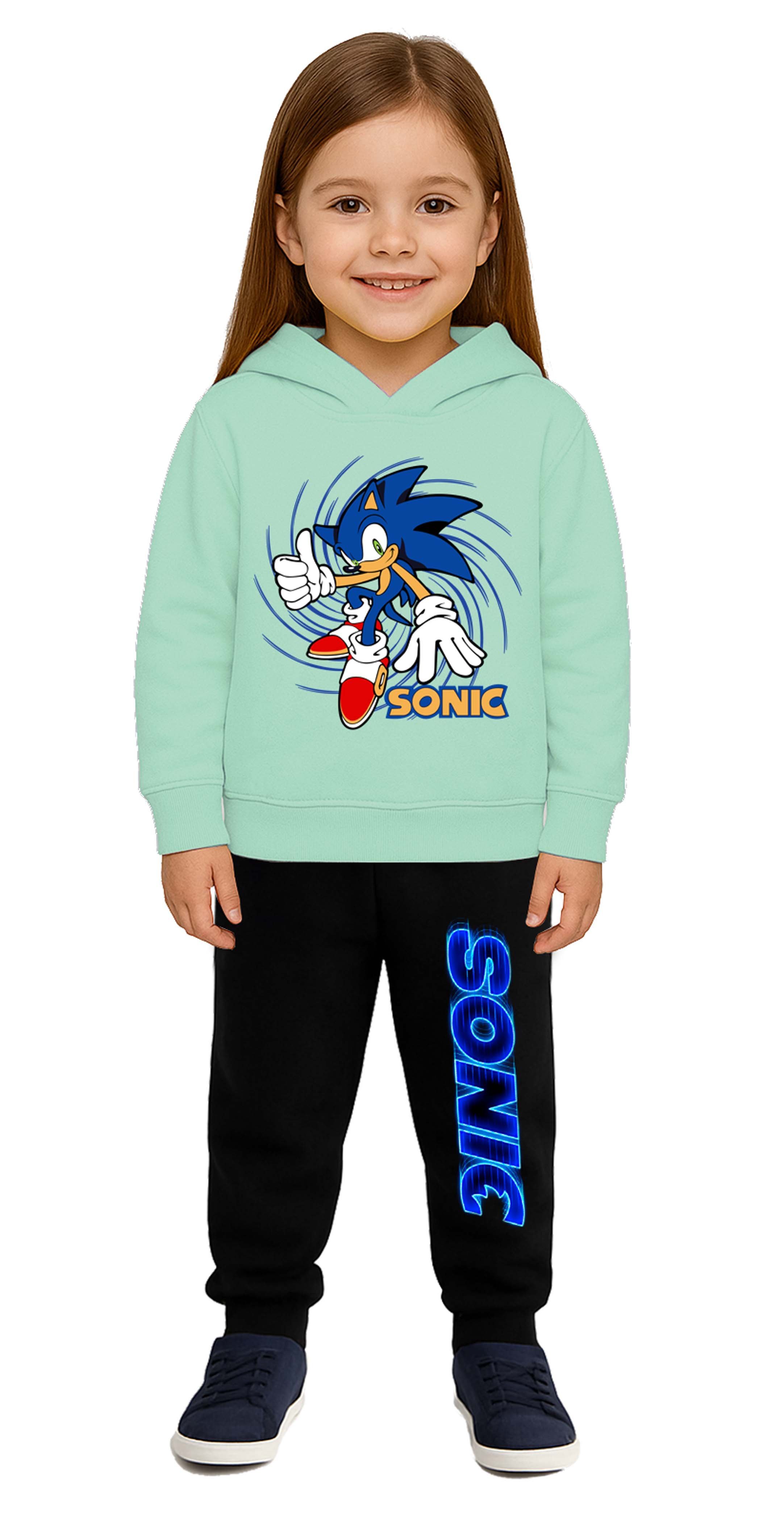 Sonic Baskılı Çocuk Eşofman Takımı 3 İplik Şardonlu Pamuklu Kumaş Kapüşonlu