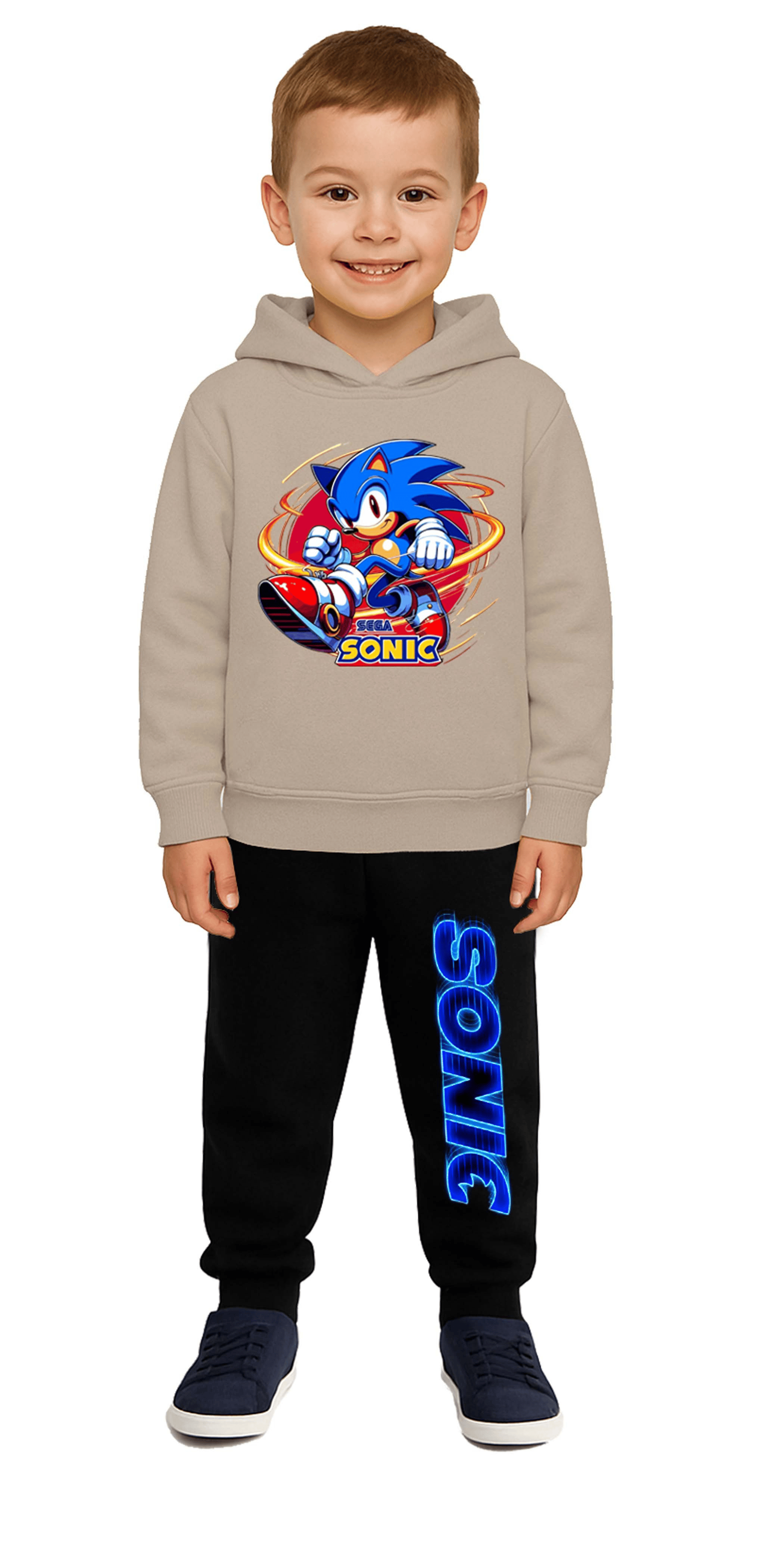 Sonic Baskılı Çocuk Eşofman Takımı 3 İplik Şardonlu Pamuklu Kumaş Kapüşonlu