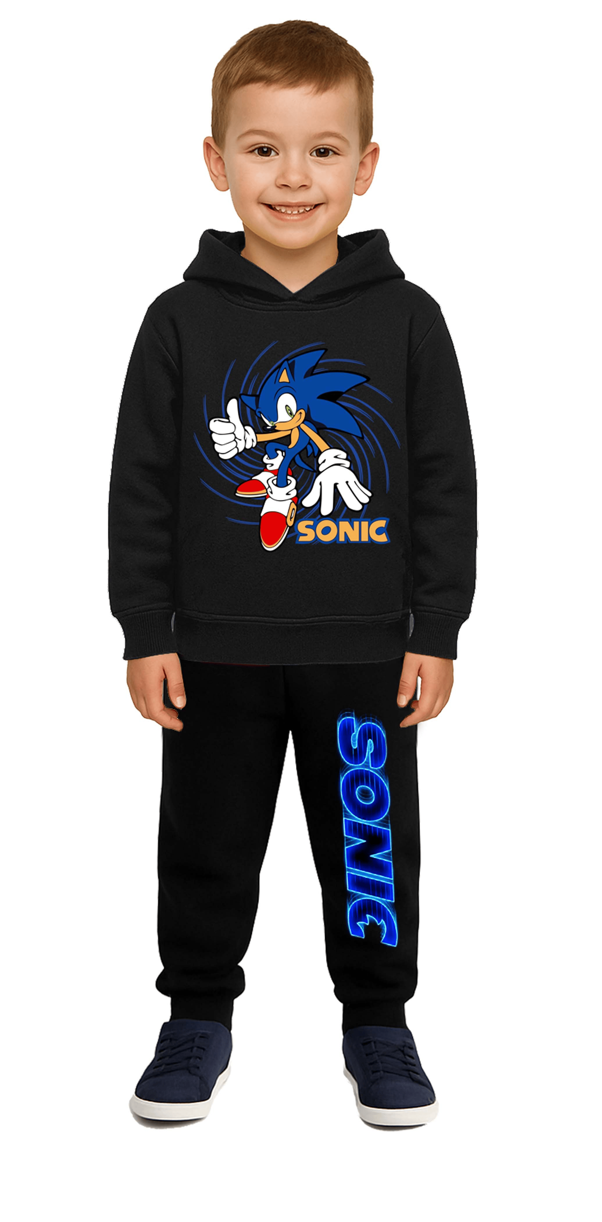 Sonic Baskılı Çocuk Eşofman Takımı 3 İplik Şardonlu Pamuklu Kumaş Kapüşonlu