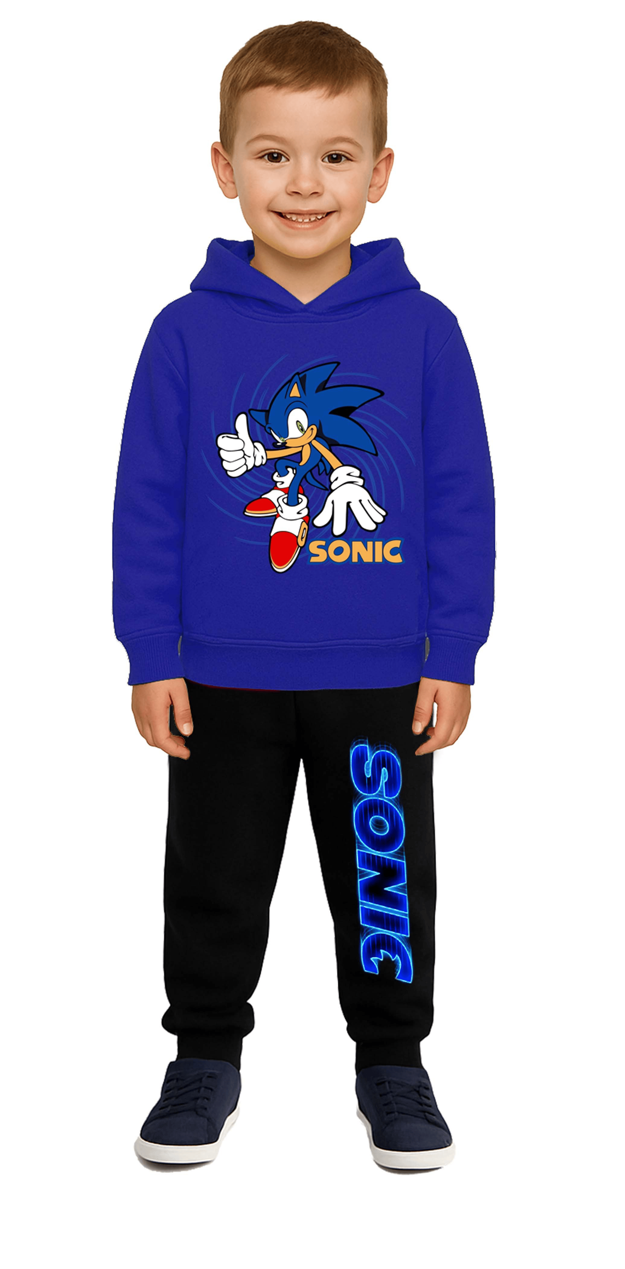 Sonic Baskılı Çocuk Eşofman Takımı 3 İplik Şardonlu Pamuklu Kumaş Kapüşonlu