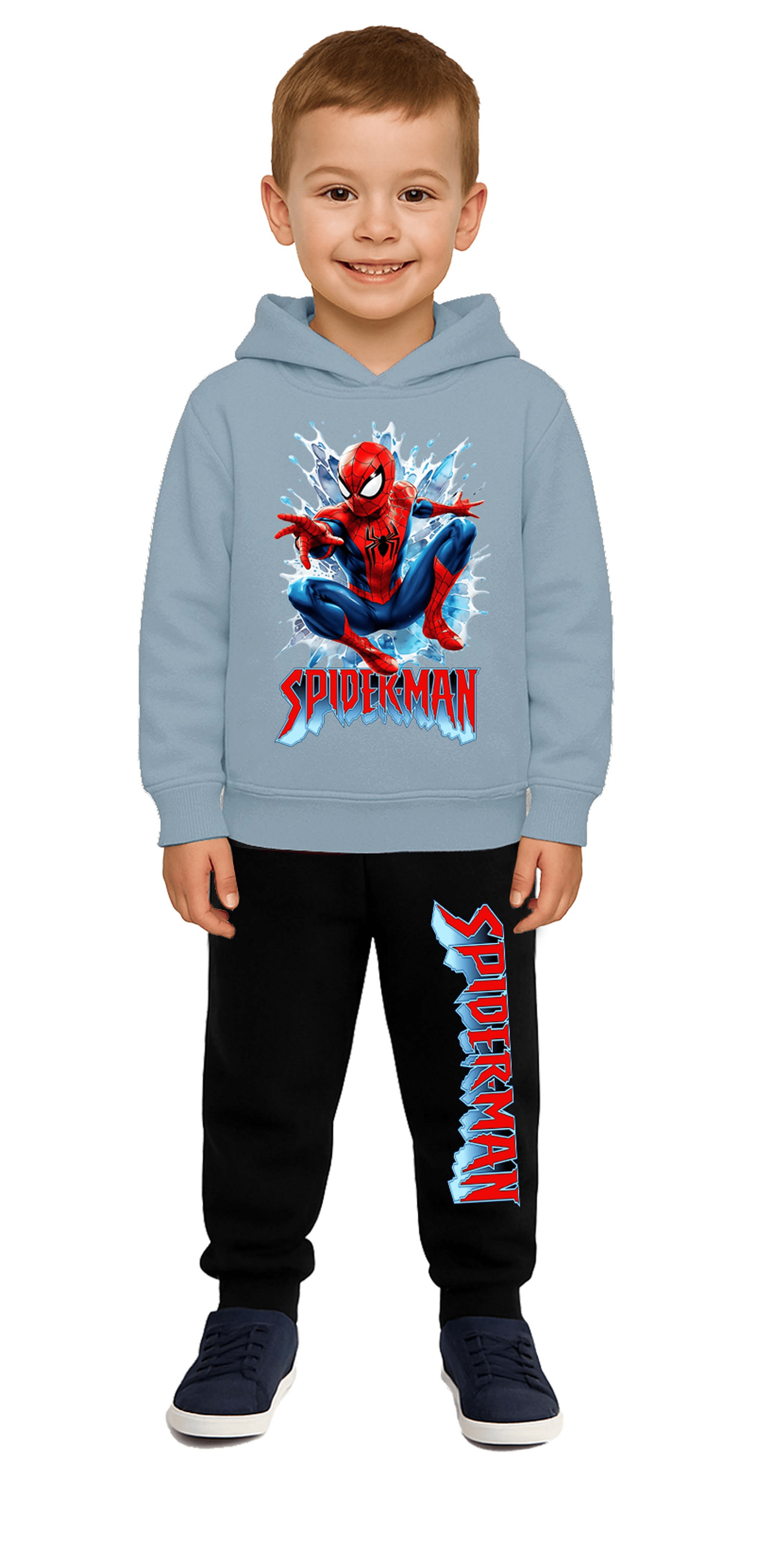 Spiderman Baskılı Çocuk Eşofman Takımı 3 İplik Şardonlu Pamuklu Kumaş Kapüşonlu